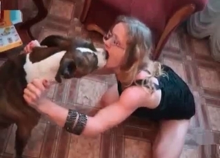 Sexy model gets kissed by her doggy